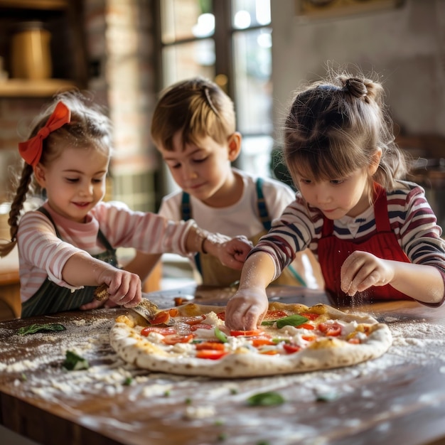 Pizza maken met gelukkige kinderen Leuk pizza samen koken in een moderne thuiscopierruimte