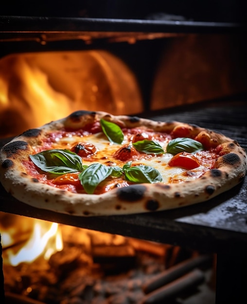 Pizza Margarita Baked tasty margherita pizza in Traditional wood oven in Neapolitan Generative AI