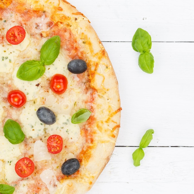 Pizza margarita margherita from above square close up on wooden\
board