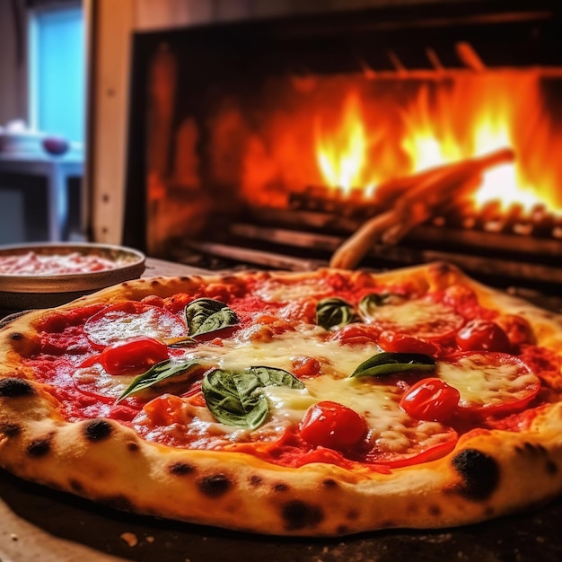 A pizza margarita with fresh basil leaves on the background of a gas oven for cooking pizza