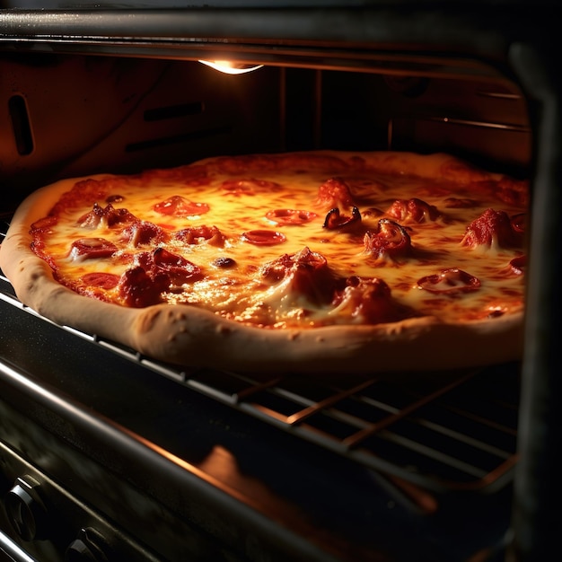 ピザを調理するためのガスオーブンの背景に新鮮なバジルの葉を載せたピザマルガリータ