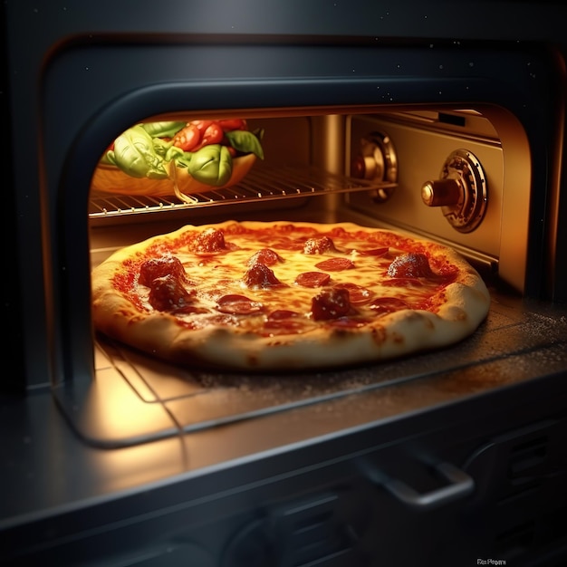 A pizza margarita with fresh basil leaves on the background of a gas oven for cooking pizza