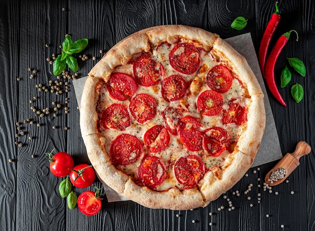 Pizza Margherita op zwarte achtergrond bovenaanzicht Pizza Margarita met Tomaten Basilicum en Mozzarella Kaas