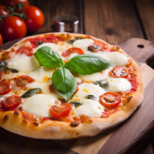 Pizza Margherita with Mozzarella cheese Tomatoes pepper Spices and Fresh Basil