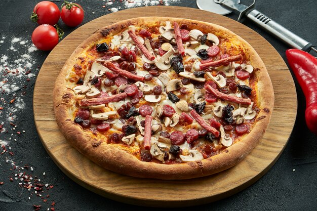 Pizza met een groot aantal toppings: jachtworsten, uien, champignons, salami, kaas en paprika. pizza in samenstelling met ingrediënten op een zwarte tafel