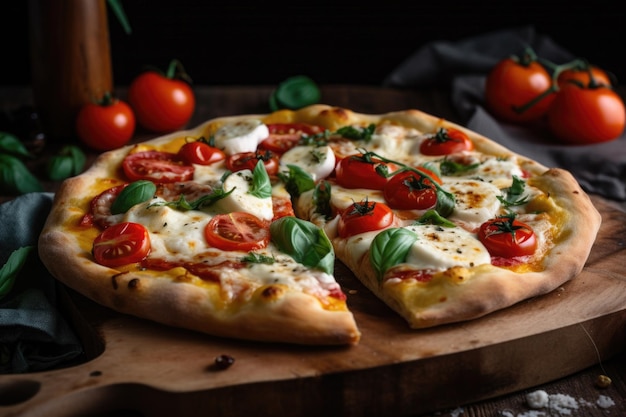 Pizza met een hoop gluizige mozzarella en verse tomaten gemaakt met generatieve AI.