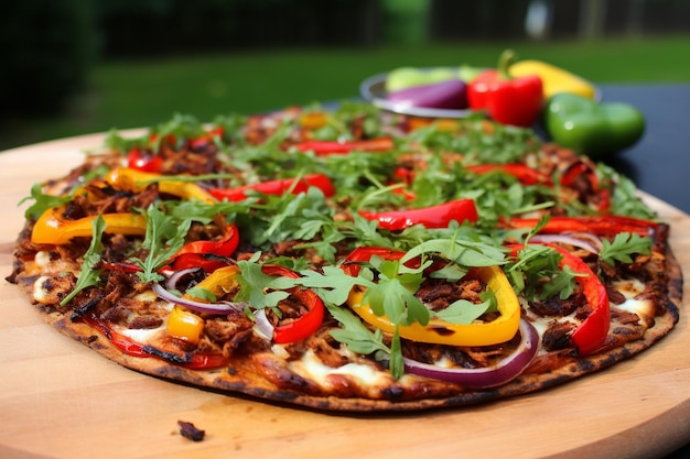 Pizza met gemengde ingrediënten met gehakte rode peper en zwarte olijven