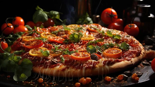 Pizza met gesmolten kaas gegarneerd met vlees en groenten op tafel met een onscherpe achtergrond
