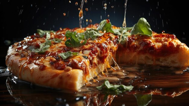 Pizza met gesmolten kaas gegarneerd met vlees en groenten op tafel met een onscherpe achtergrond