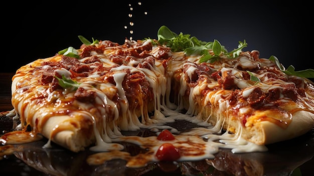 pizza met gesmolten kaas met vlees en groenten op de tafel met een wazige achtergrond