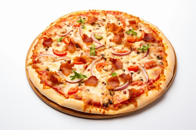 Pizza met ham, paddenstoelen, tomaten en uien op een zwarte achtergrond