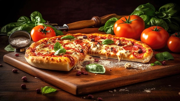Pizza met mozarellatomaten en basilicum op houten achtergrondlijst Generatieve ai