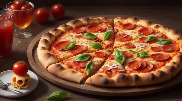 Foto pizza met mozzarella kaas, tomaat en basilicum op een houten tafel