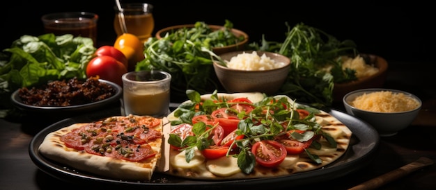 Pizza met mozzarella kaas, tomaten en rukkula.