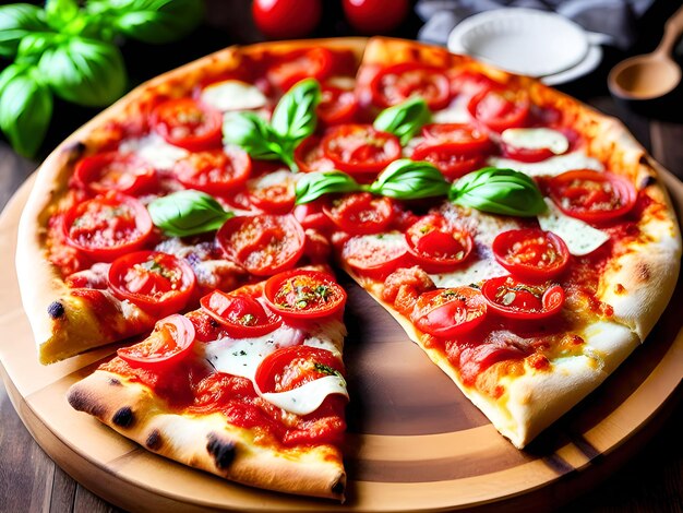 Pizza met mozzarella tomaten en basilicum op een houten tafel Generative Ai