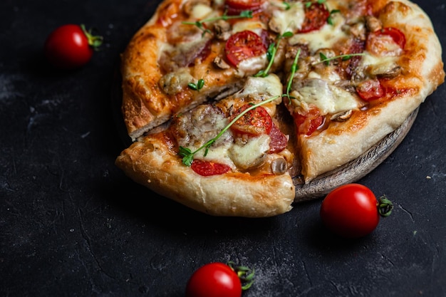 Pizza met salami en champignons op een donkere achtergrond