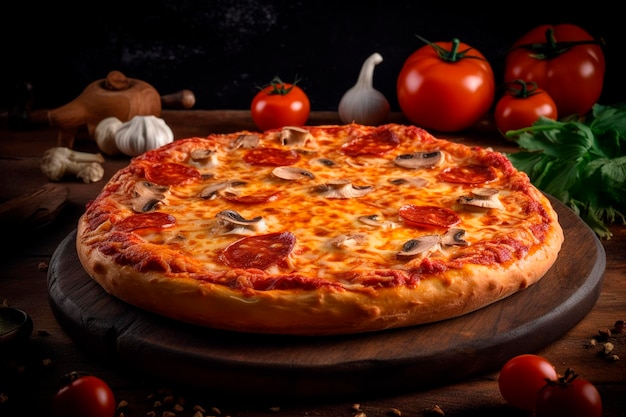 Pizza met salami en champignons Tomaten knoflook en peterselie op de achtergrond
