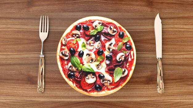 Pizza met salami en olijven reclame achtergrond 3D-rendering