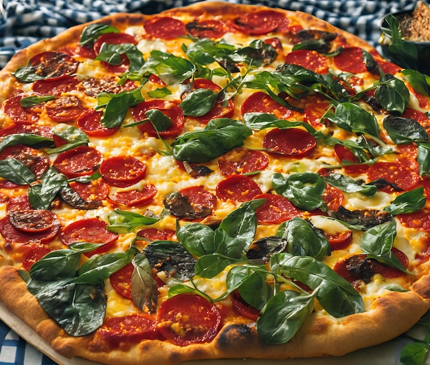 Pizza met salami en tomaten Italiaans eten op een donkere achtergrond bovenaanzicht