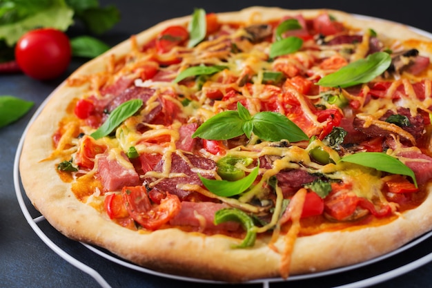 Pizza met salami, ham, tomaat, kaas en champignons