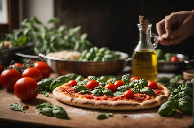 Foto pizza met verse tomaten en basilicumbladeren.