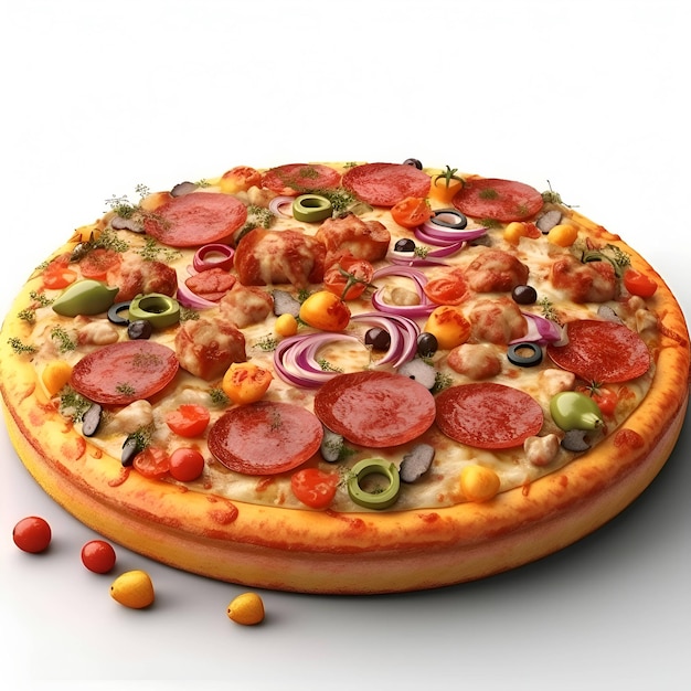 Pizza met worstjes, olijven en groenten op witte achtergrond
