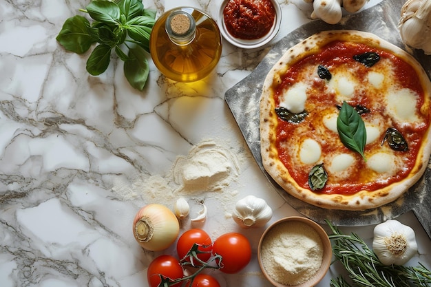 Pizza Napoletana-elementen op een klassiek marmeren aanrecht