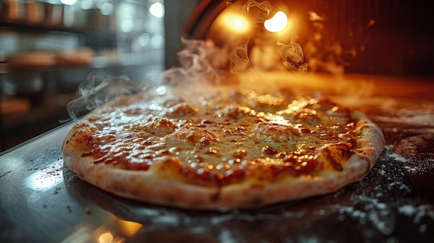 Pizza op een metalen plank in de oven