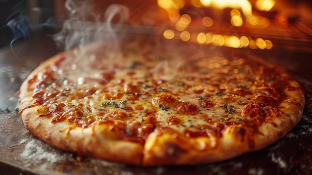 Pizza op een metalen plank in de oven