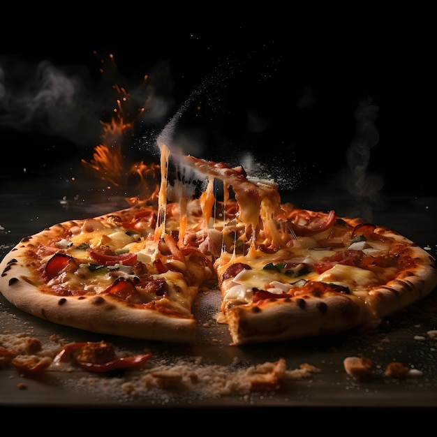 Pizza op een zwarte achtergrond met veel rook en vlammen