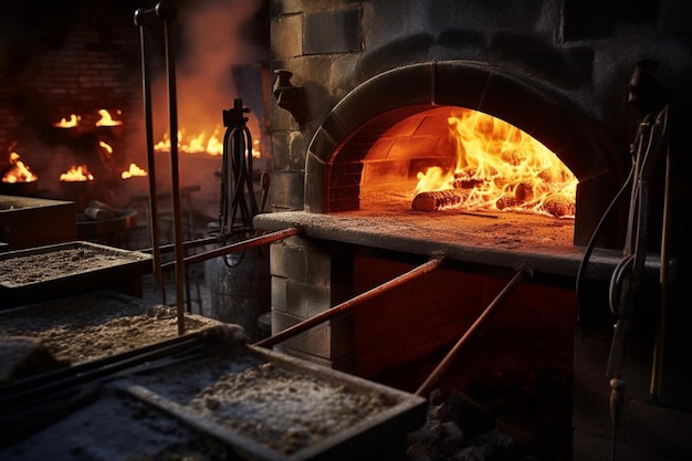 A pizza oven being fired up with kindling and flames starting to rise