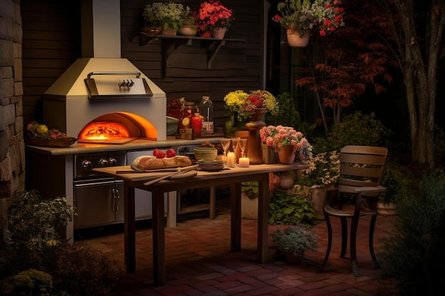 A pizza oven built into an outdoor kitchen or patio setup