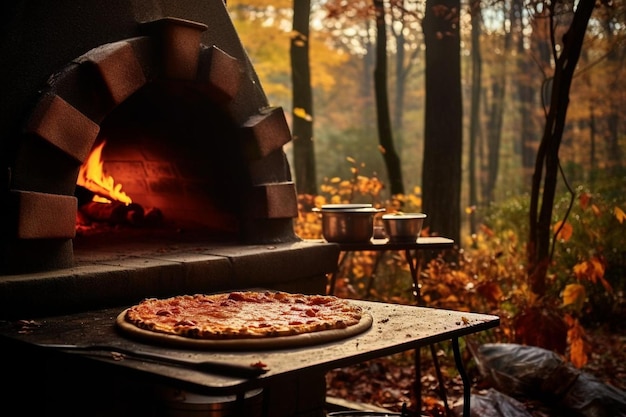 秋の葉っぱの背景にピザオーブンが設置されている
