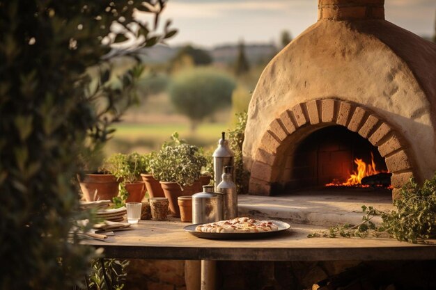 A pizza oven surrounded by vineyards in Tuscany