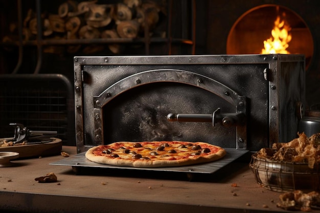 A pizza oven with a rustic wooden door and metal handle