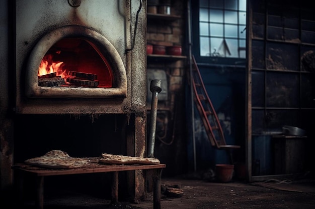 A pizza oven with a rustic wooden door and metal handle