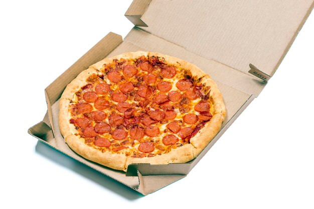 Pizza in a paper box on a white background