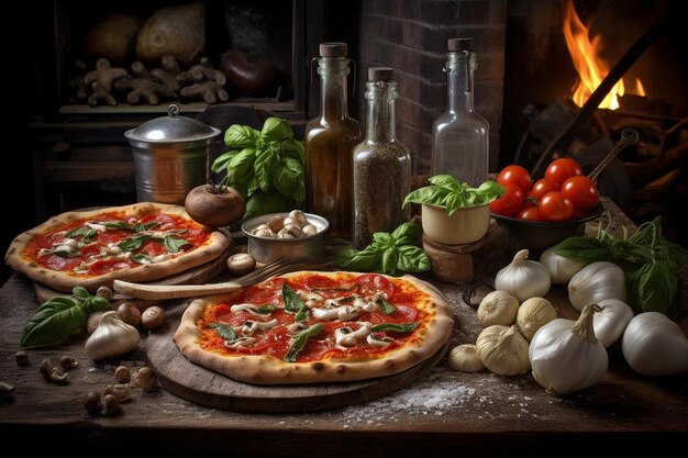 A pizza party with various toppings and sauces by the oven