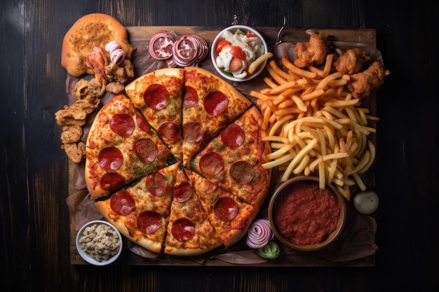 Foto pizza pepperoni patatine fritte pollo fritto anelli di cipolla ali di pollo sul tavolo di legno ai generativo