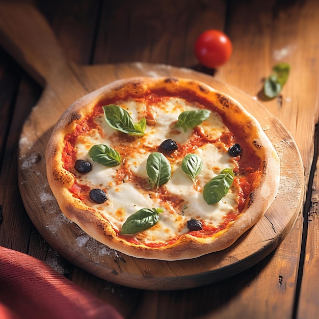 소셜 미디어 포스트 크기를 위해 오래된 나무 테이블에 포착 된 피자 완벽한 이탈리아 맛
