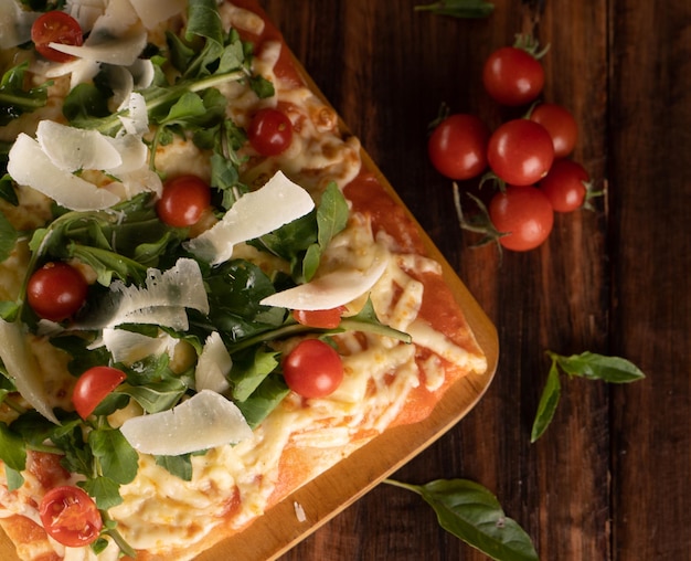 Pizza photography on a wooden table