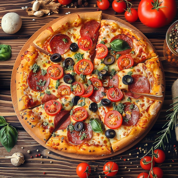 Photo pizza pizza filled with tomatoes salami and olives