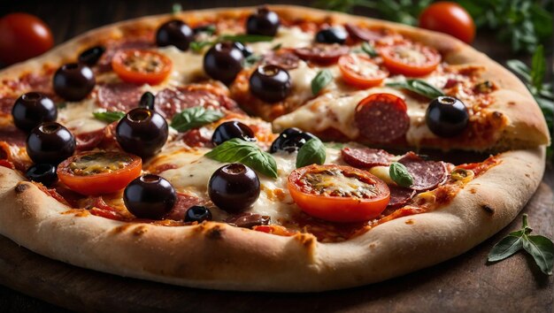 Pizza pizza filled with tomatoes salami and olives