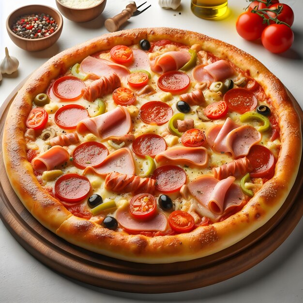 Pizza pizza filled with tomatoes salami and olives