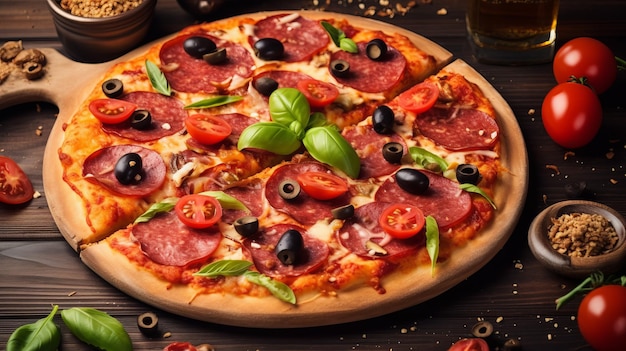 Pizza pizza filled with tomatoes salami and olives