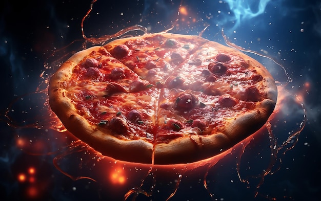 Photo pizza on a plate with flames on dark background