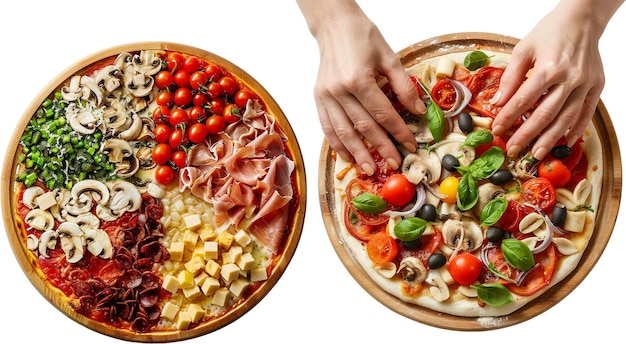 白い背景に異なるトッピングを隔離したピザの調理