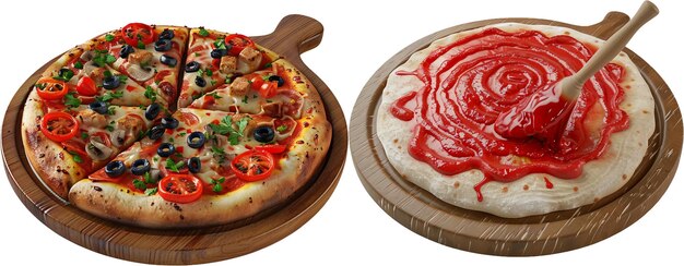 Pizza preparation with different toppings isolated on white background