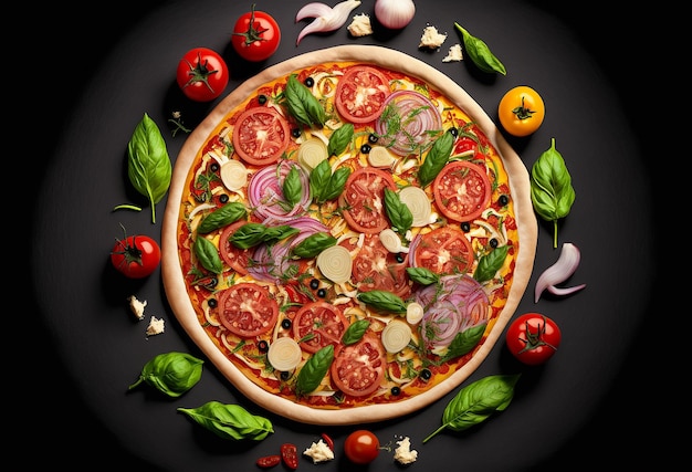 Pizza product studio photo dark black background fresh tomato and onion salad Generative AI illustration