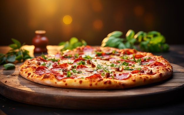 Pizza rests on rustic cutting board